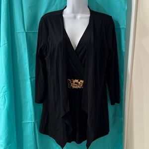 Black Open Front Cardigan with Leopard Belt